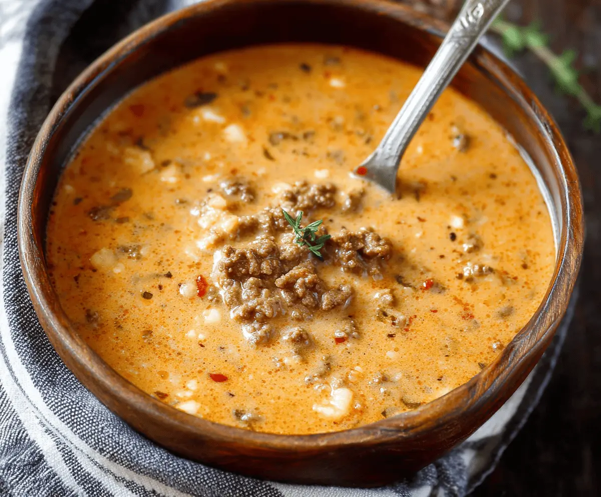 Creamy cauliflower and ground beef soup in a bowl with fresh herbs, served hot with a creamy broth and vegetables