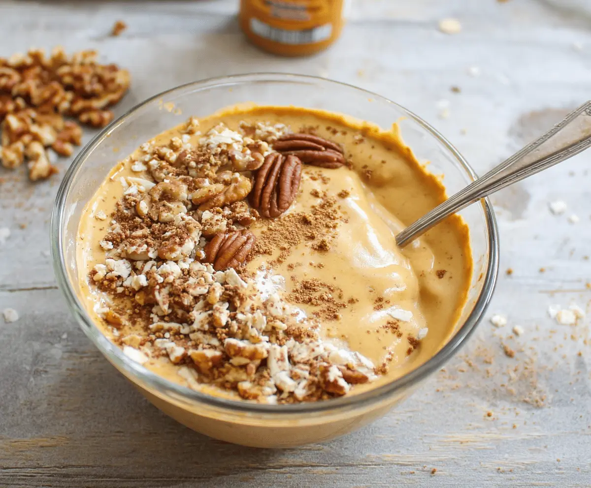 Creamy pumpkin pie yogurt bowl topped with whipped cream, cinnamon, and pumpkin seeds, perfect for a healthy fall breakfast or snack.