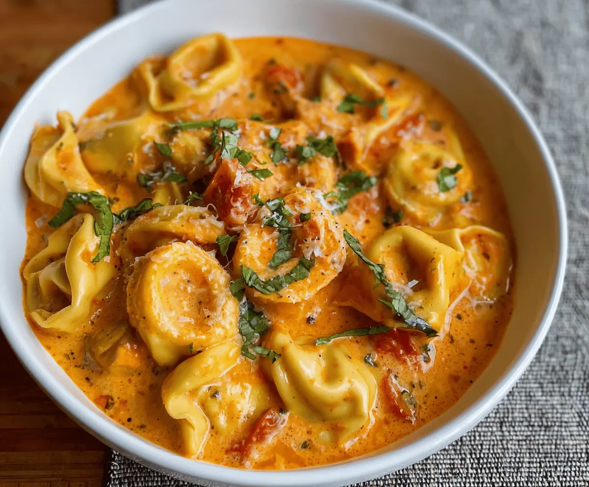 Delicious creamy tomato tortellini served with fresh basil and grated Parmesan cheese.