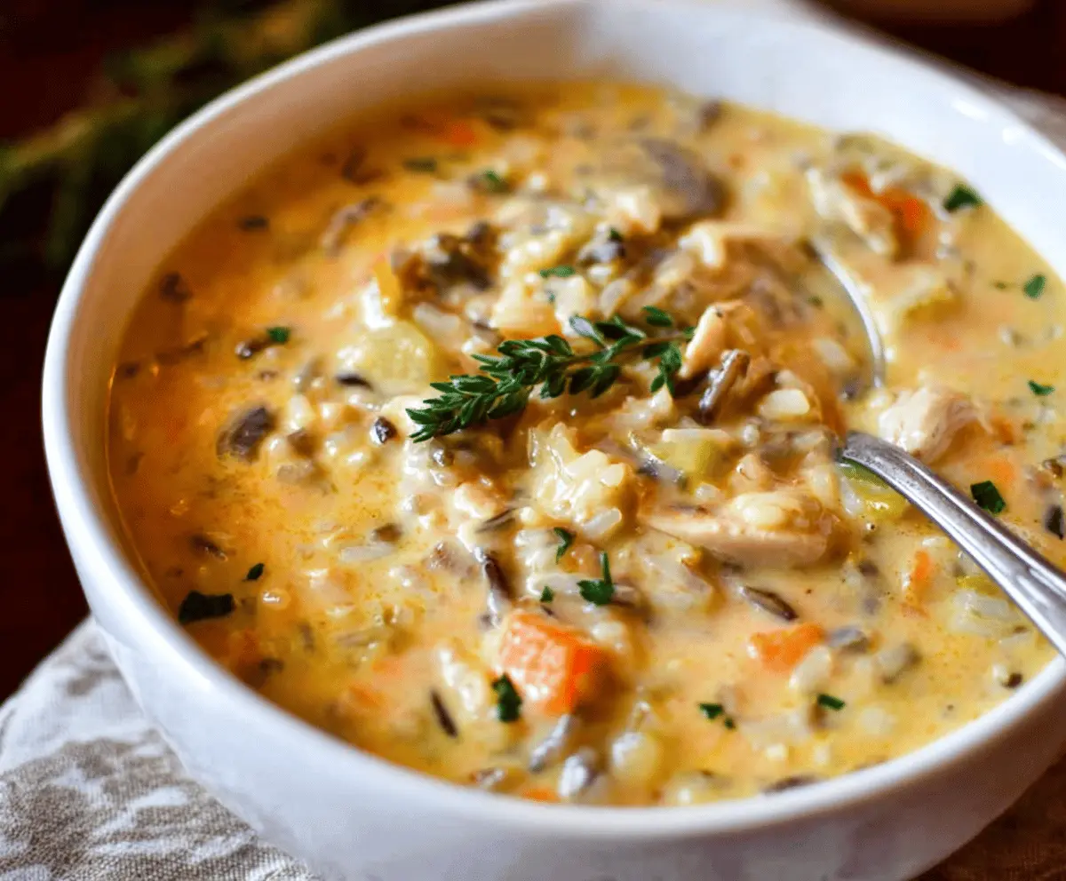 A bowl of creamy turkey wild rice soup garnished with fresh herbs, featuring tender turkey pieces, wild rice, and vegetables in a rich, velvety broth