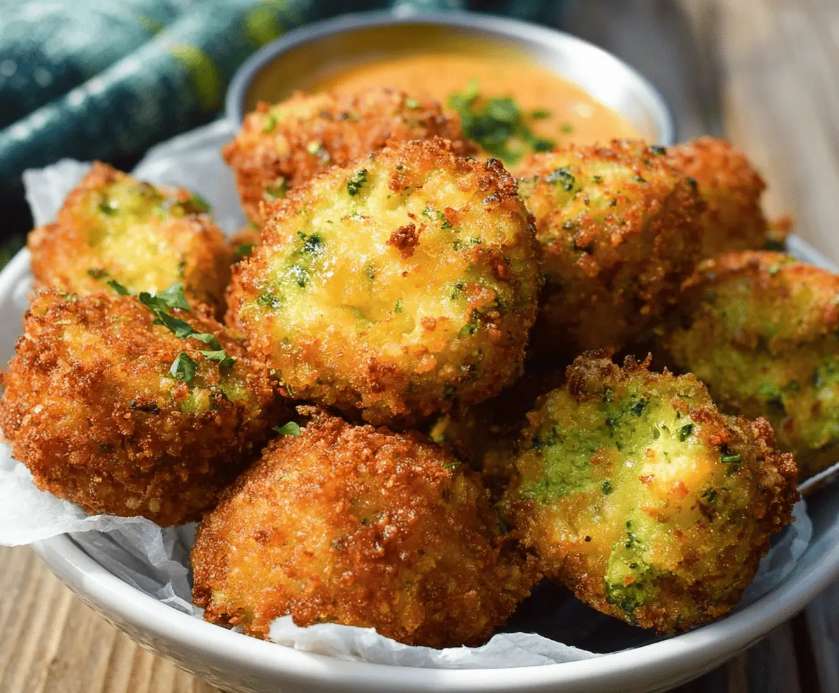 Golden crispy broccoli cheddar popper with melted cheese and crunchy coating, served on a white plate, perfect for snack or appetizer.