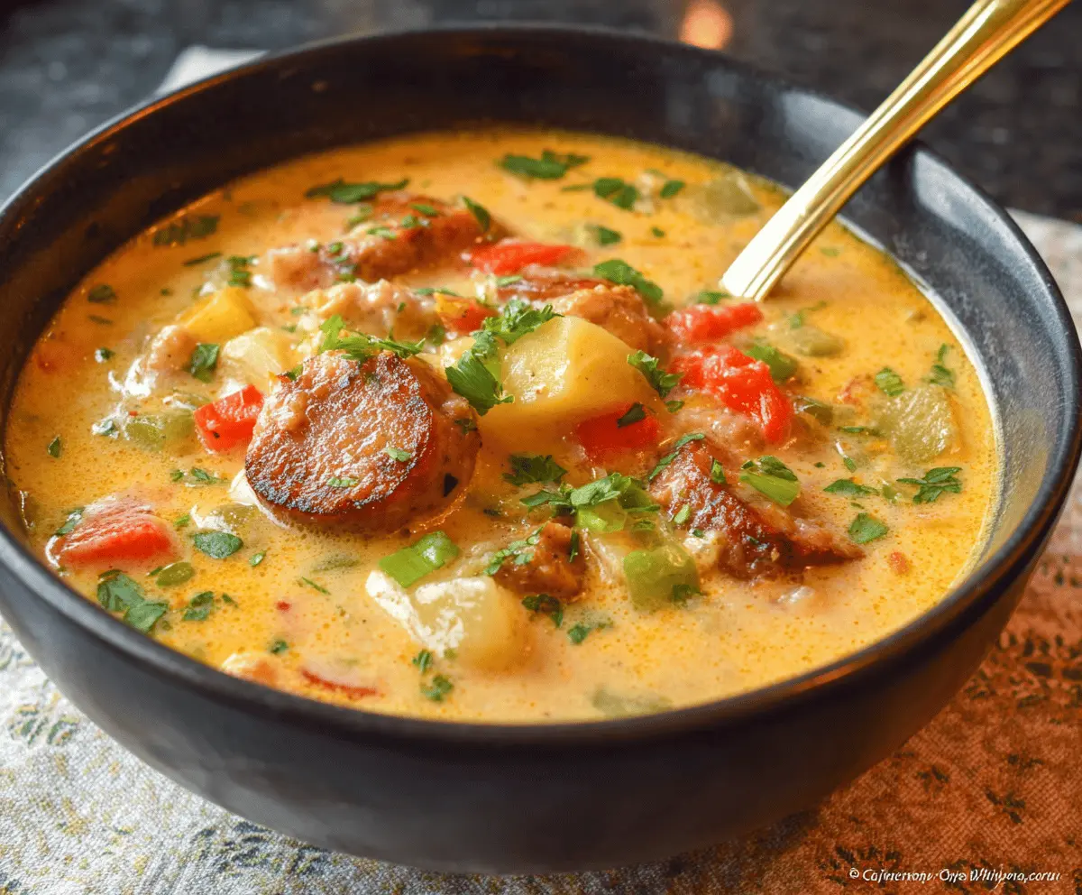 Creamy Crockpot Cajun Sausage and Potato Soup in a bowl with sausage slices, potatoes, and spices, perfect for a hearty meal