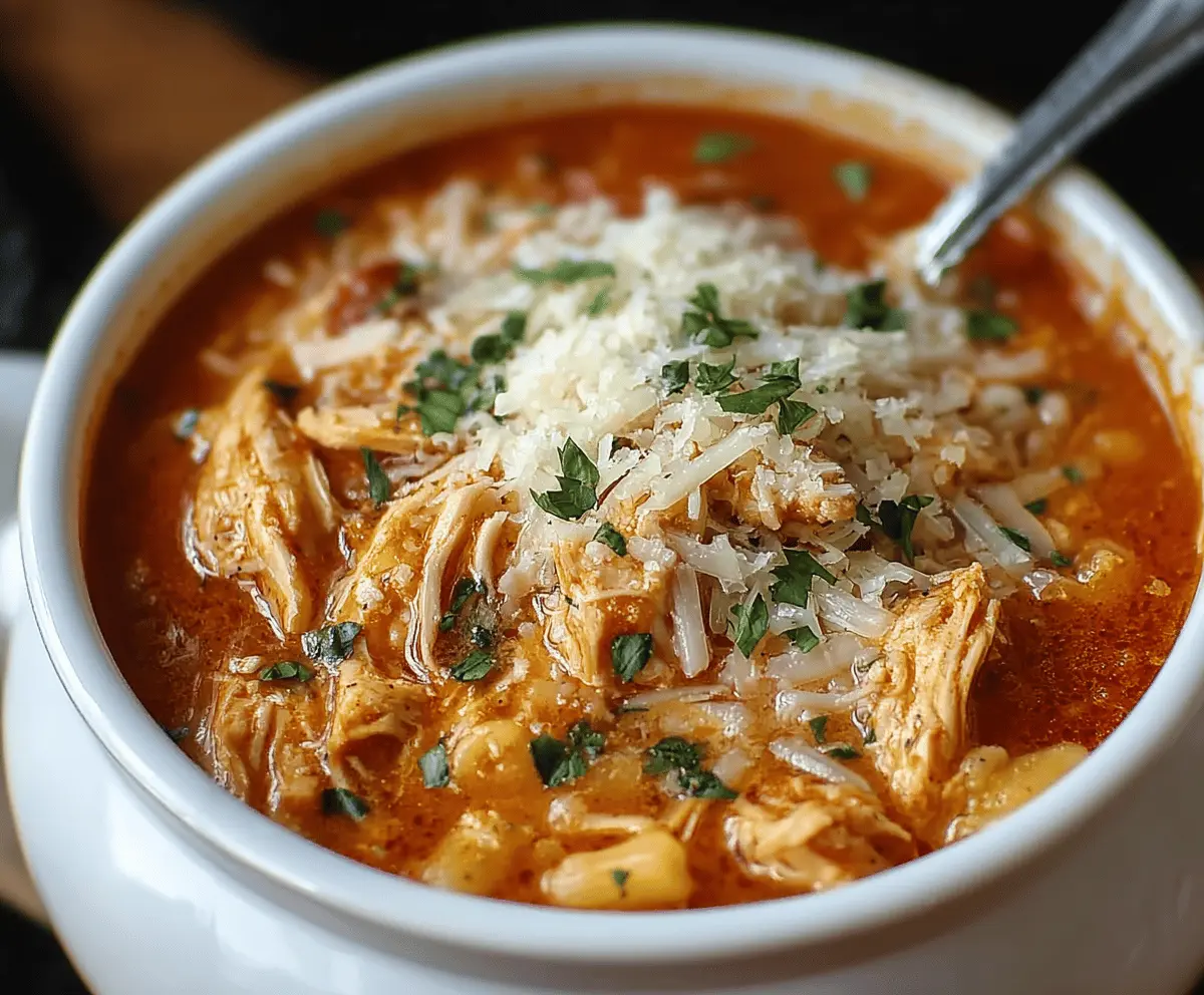 Delicious Crockpot Chicken Parmesan Soup in a bowl with melted cheese, basil, and bread slices on the side, ready to serve