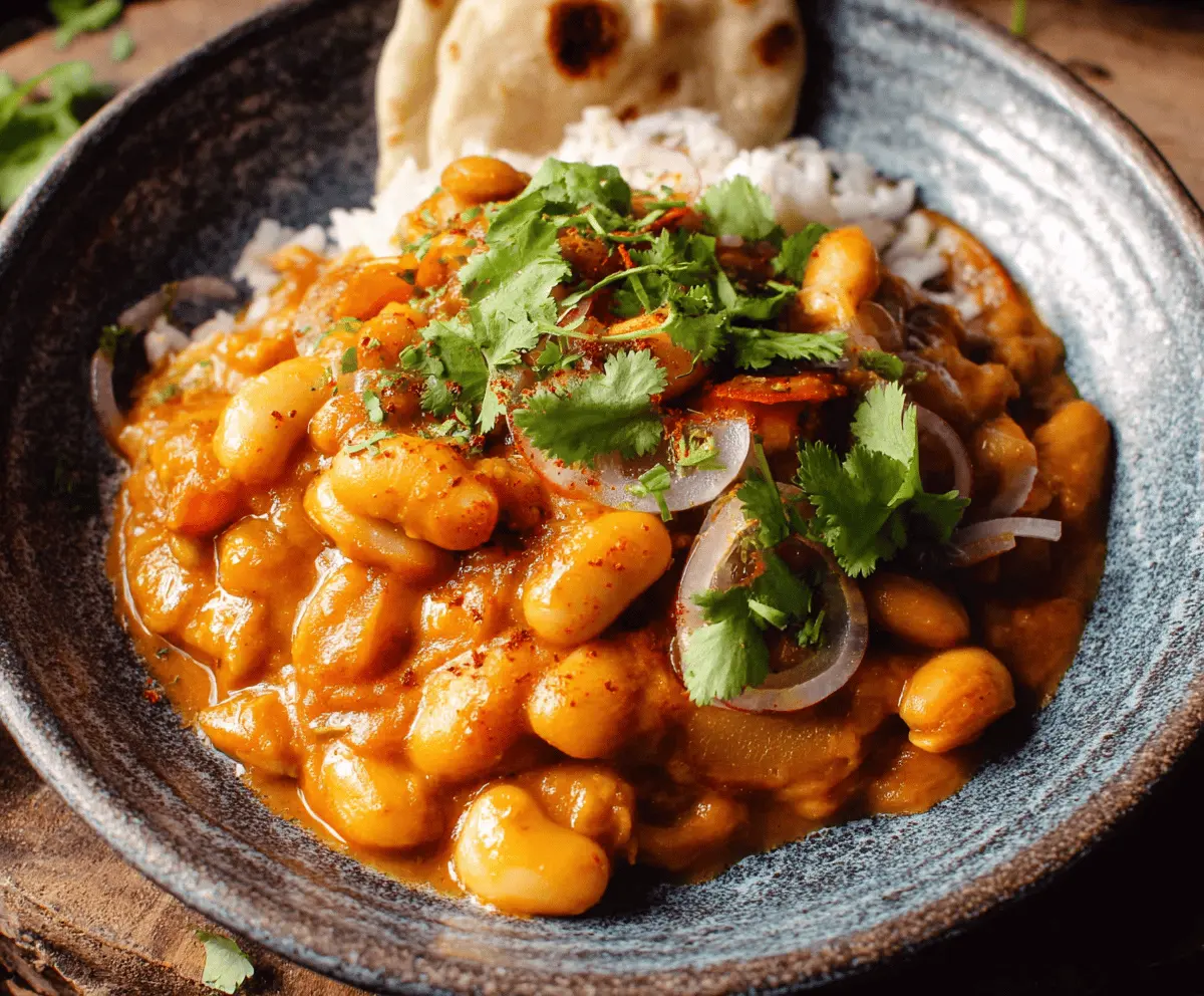 A bowl of spicy curried butter beans garnished with fresh herbs, served with rice on a rustic wooden table.