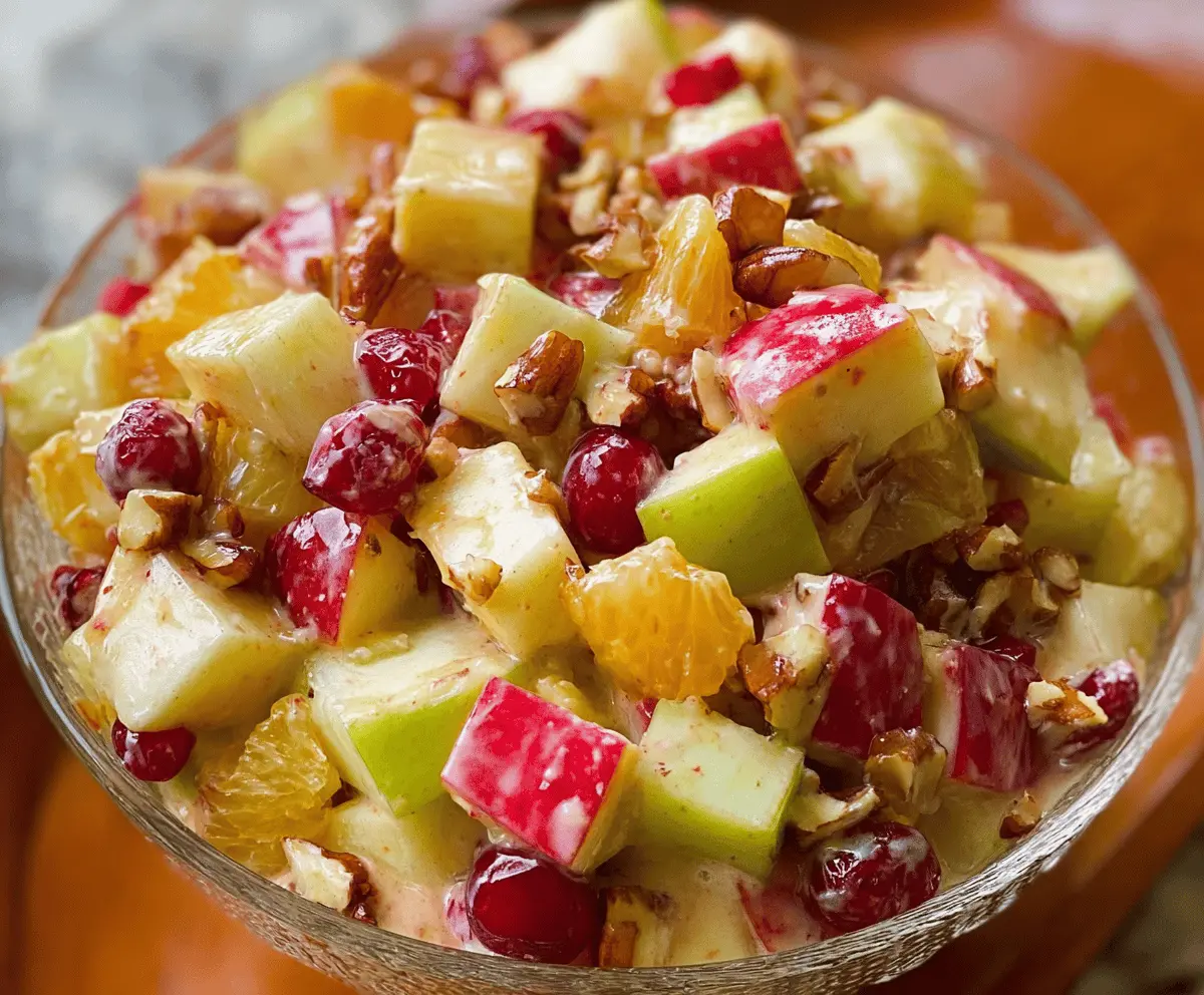 Colorful apple fruit salad featuring fresh sliced apples, berries, and tropical fruits in a vibrant bowl