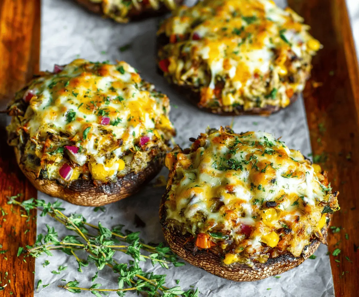 Baked Portobello mushrooms stuffed with colorful autumn vegetables and herbs, perfect for a seasonal dish.