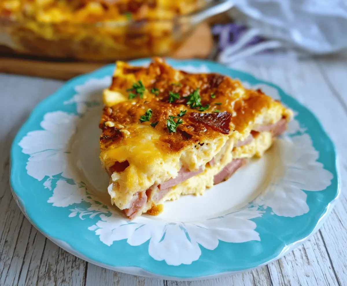 Delicious and easy ham, egg, and cheese casserole served in a baking dish, perfect for breakfast or brunch