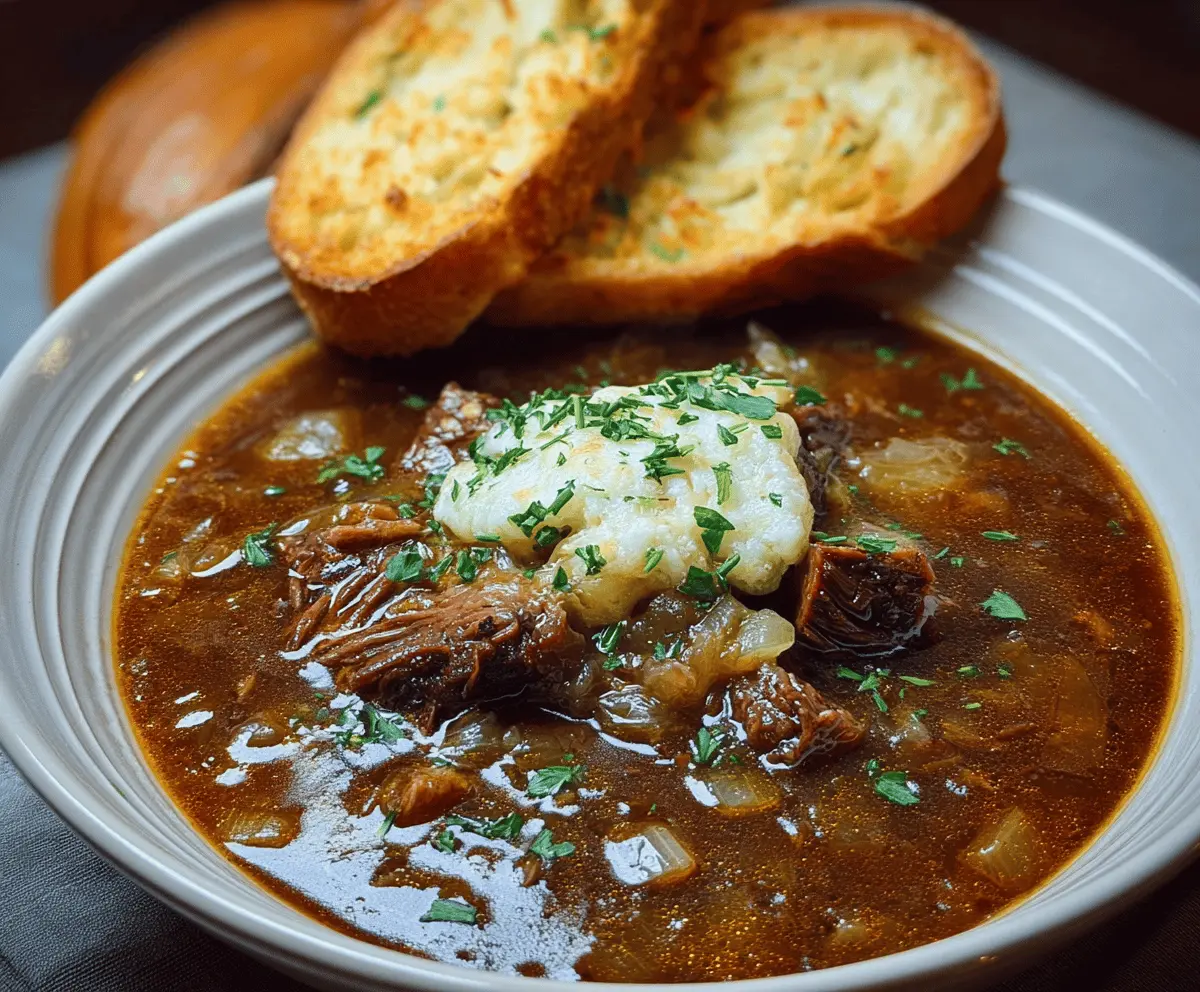 Hearty French Onion Beef Short Rib Soup garnished with melted cheese and fresh herbs in a rustic bowl