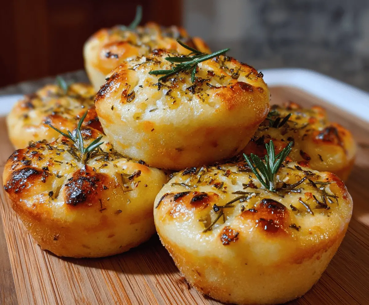 Golden crust garlic rosemary focaccia muffins with fresh herbs and crispy edges, perfect for a savory snack or side dish