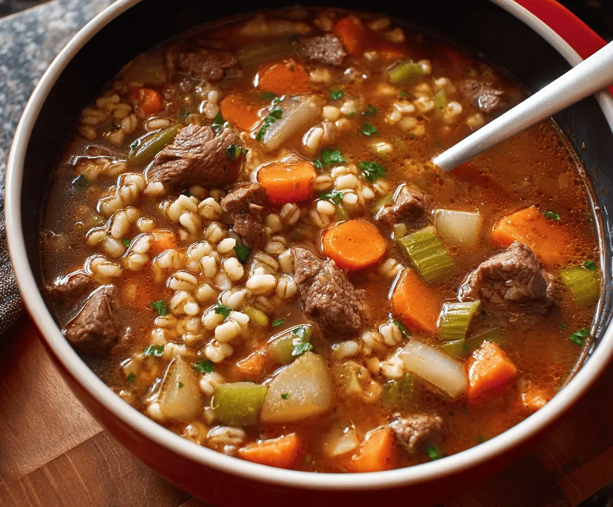 A steaming bowl of hearty beef barley stew garnished with fresh herbs, showcasing tender beef chunks, nutritious barley, vegetables, and savory broth.