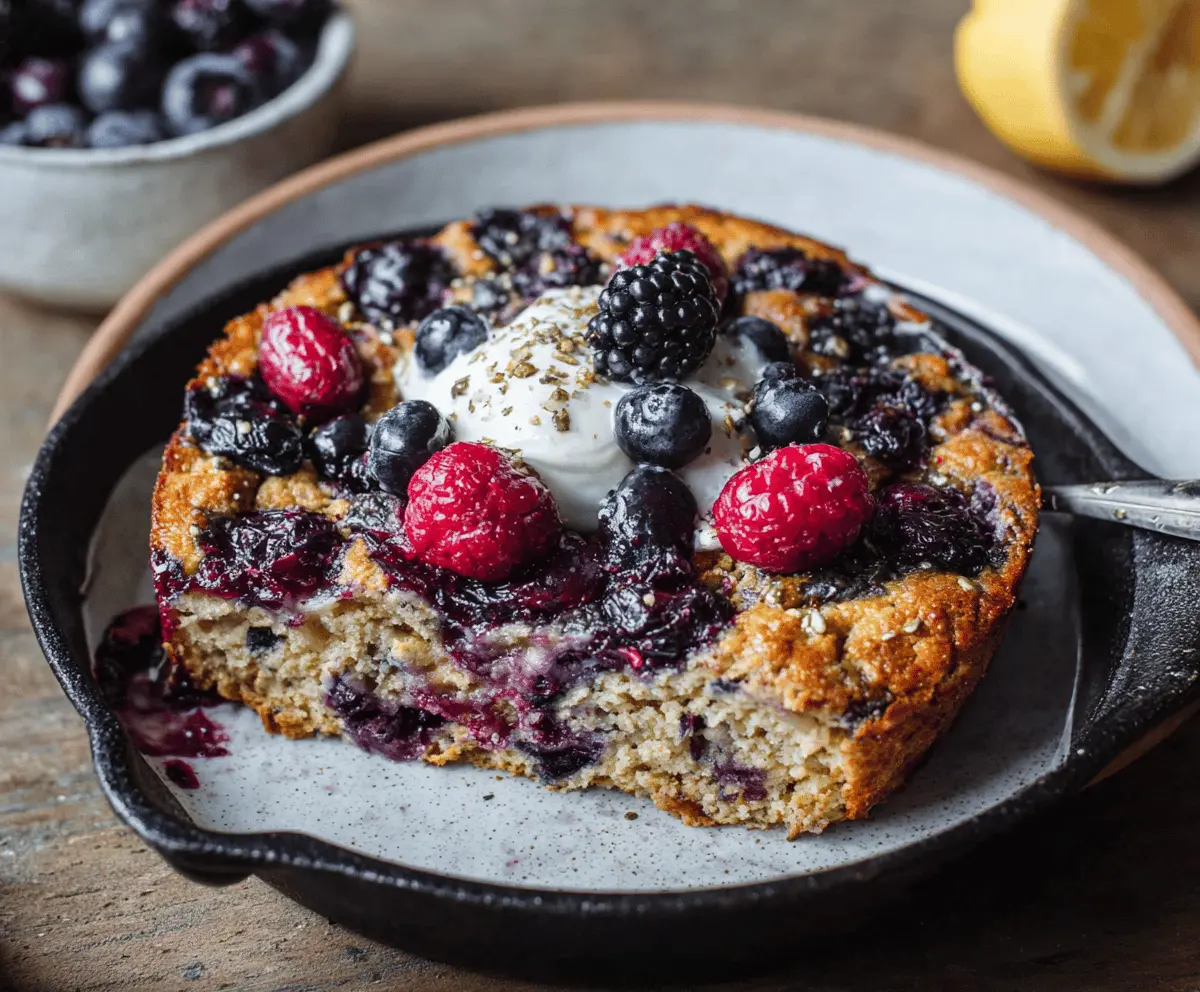 Delicious high protein berry bake with fresh mixed berries and healthy ingredients, perfect for a nutritious breakfast or snack.