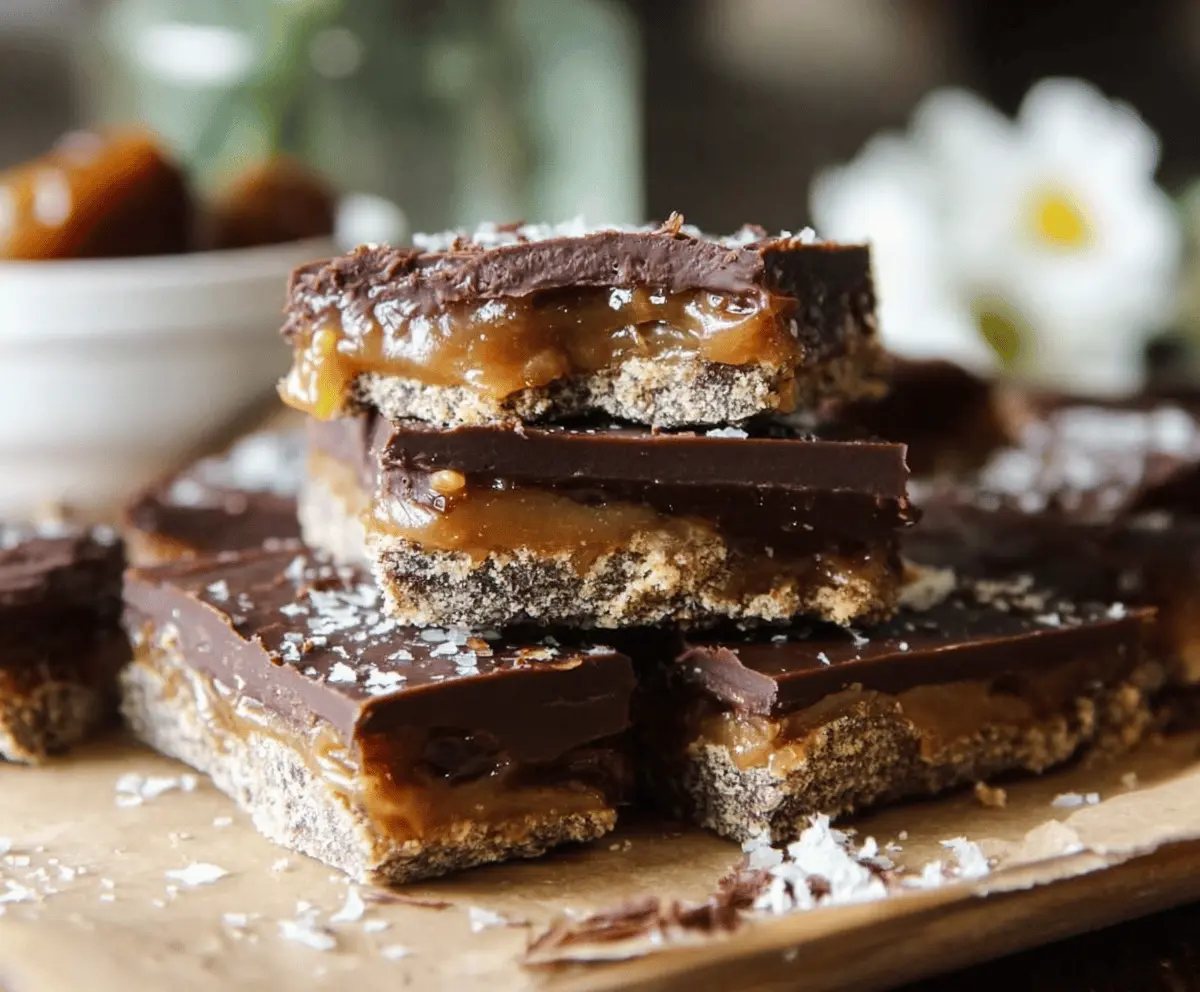 Delicious homemade Date Twix bars with a caramel date filling, crunchy biscuit base, and smooth chocolate coating, perfect for a sweet treat.