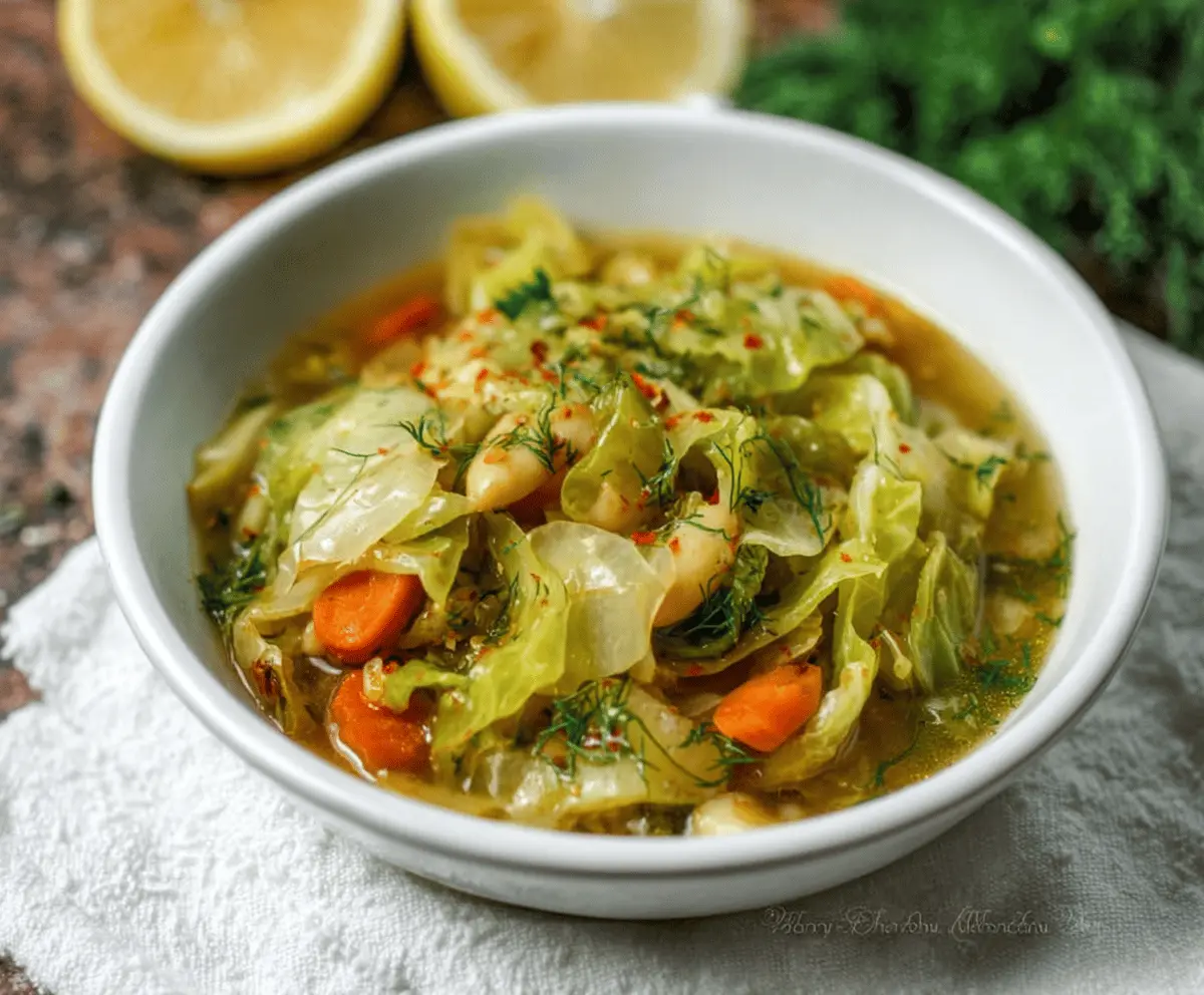 A bowl of Lemon Dill Cabbage Soup garnished with fresh dill and lemon slices, served with a slice of crusty bread on the side.