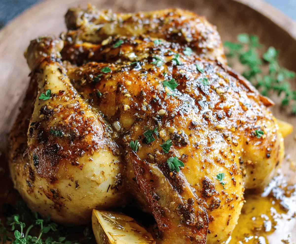 Juicy whole chicken seasoned with lemon-pepper and garlic, ready for roasting