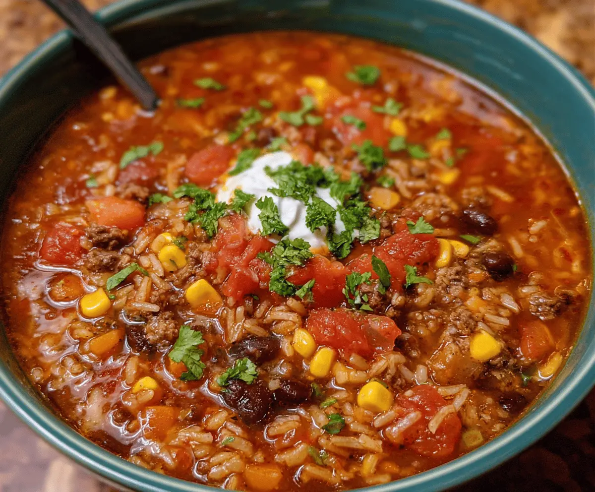 Warm Mexican beef and rice soup in a bowl garnished with fresh herbs and lime wedge.