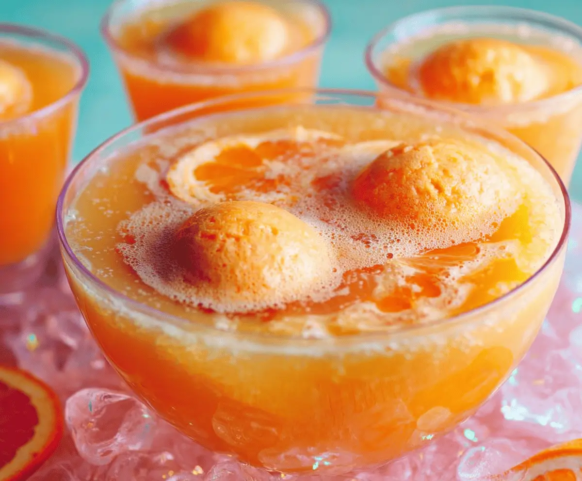 Colorful Orange Party Punch served in a clear glass pitcher with fresh orange slices and ice, perfect for festive celebrations.