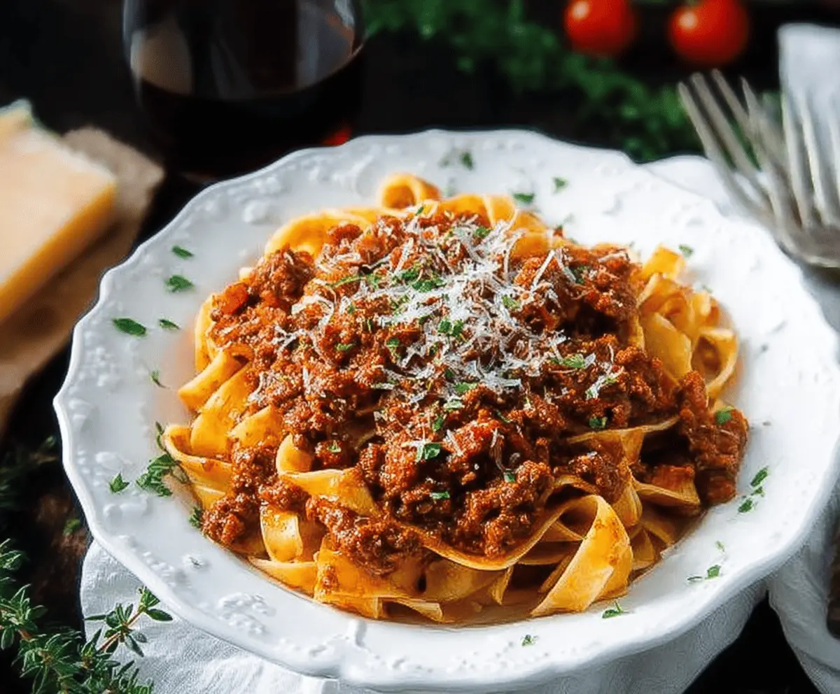 Delicious homemade Pasta Bolognese with rich Italian tomato sauce and fresh herbs.