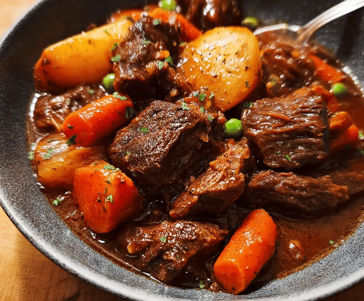 Delicious homemade pressure cooker beef stew with tender beef chunks, vegetables, and savory broth in a rustic bowl