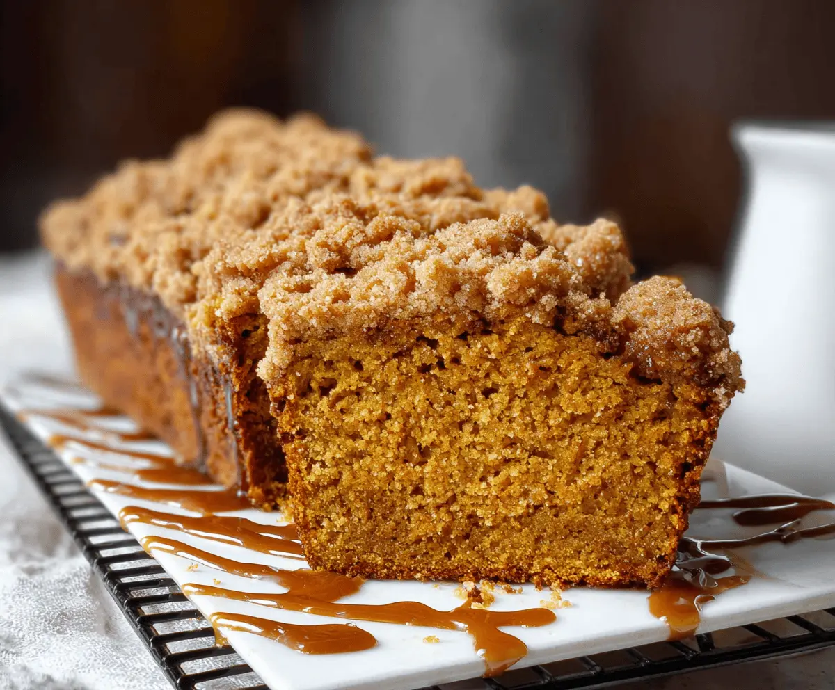 Delicious homemade pumpkin bread topped with a golden brown sugar streusel topping, perfect for fall desserts or cozy snacking