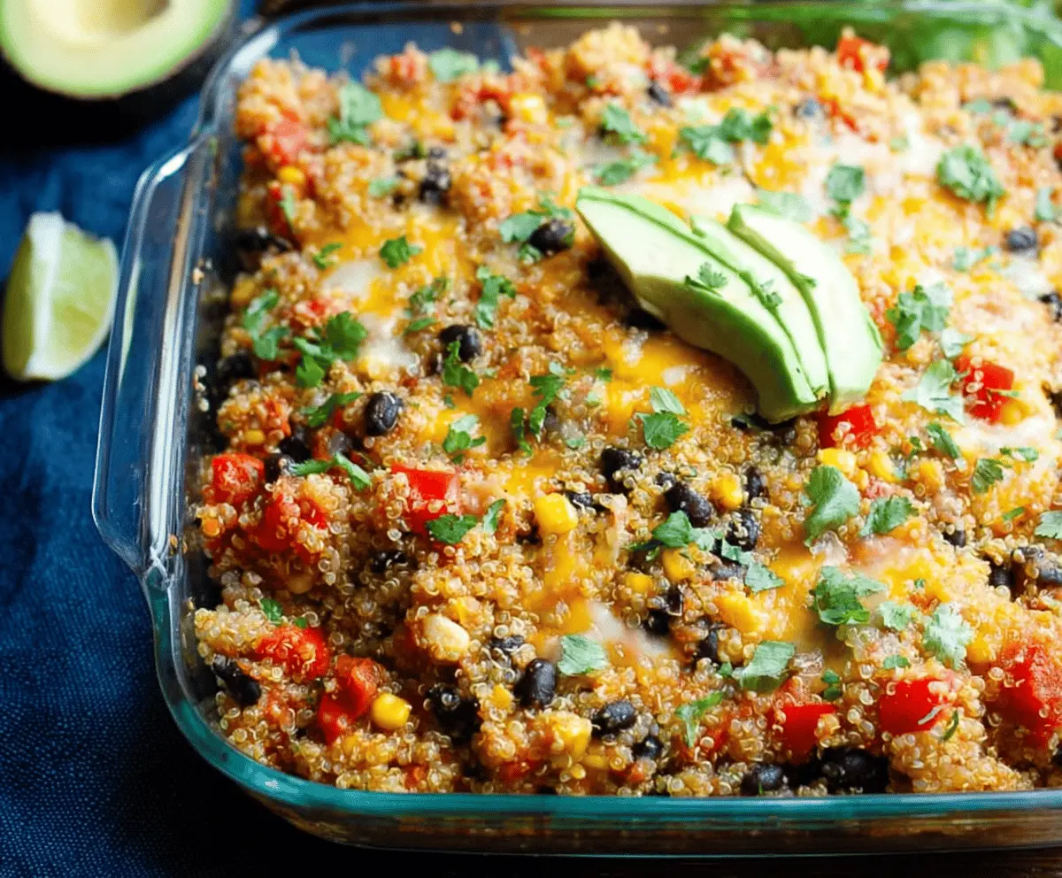 Delicious quinoa and black bean casserole topped with melted cheese and fresh cilantro, served in a ceramic baking dish.