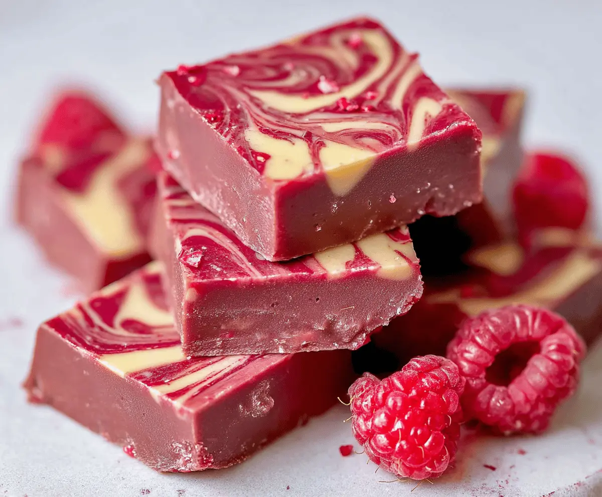 Creamy raspberry swirl fudge topped with fresh raspberries and a glossy chocolate glaze, perfect for sweet indulgence.