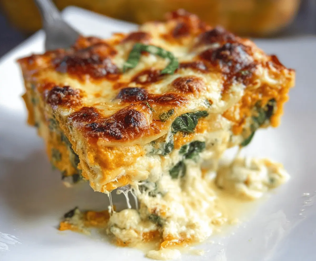 Delicious roasted butternut squash and fresh spinach layered in a cheesy lasagna dish, perfect for a comforting vegetarian meal.