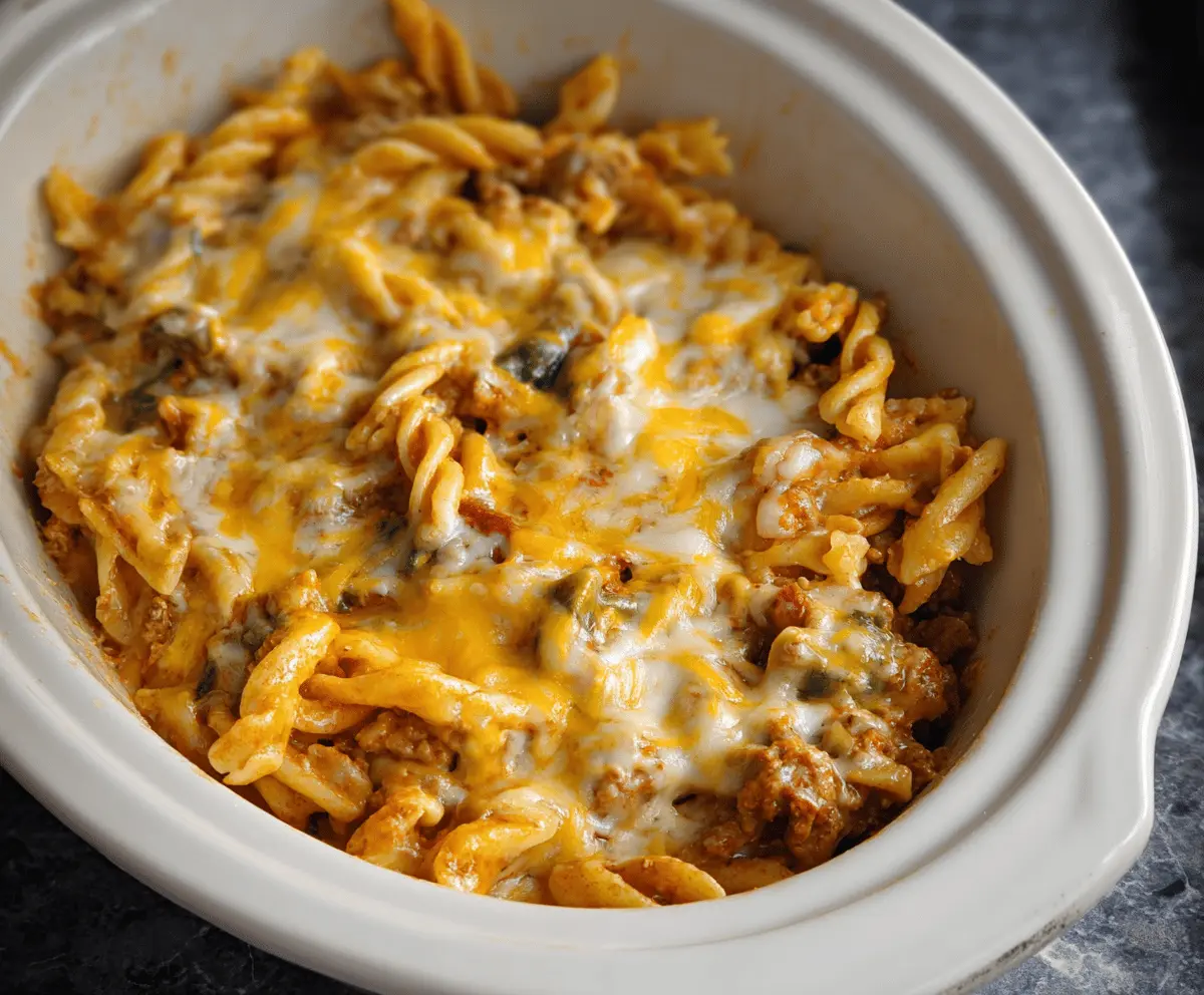 Delicious slow cooker pasta casserole with cheese, vegetables, and flavorful sauce ready to serve.