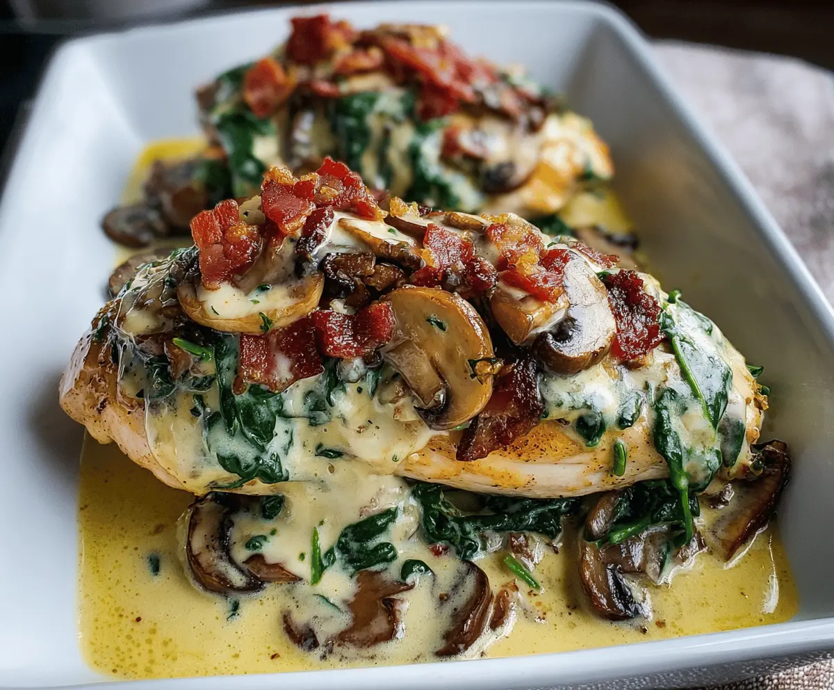 Smothered Chicken with Creamed Spinach, Bacon, and Mushrooms