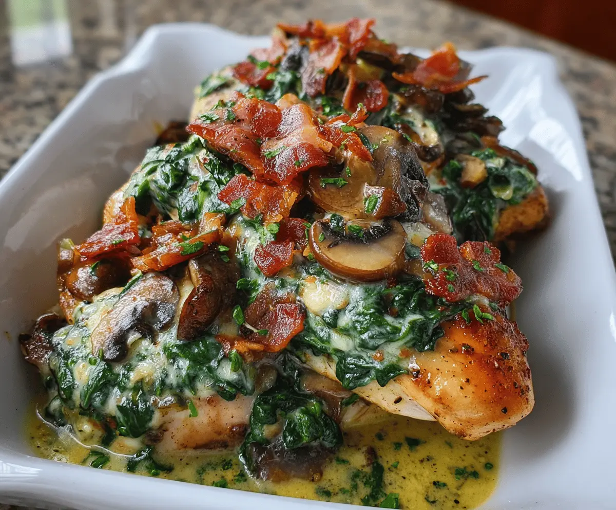 Delicious smothered chicken topped with creamy spinach, crispy bacon, and sautéed mushrooms on a plated dish