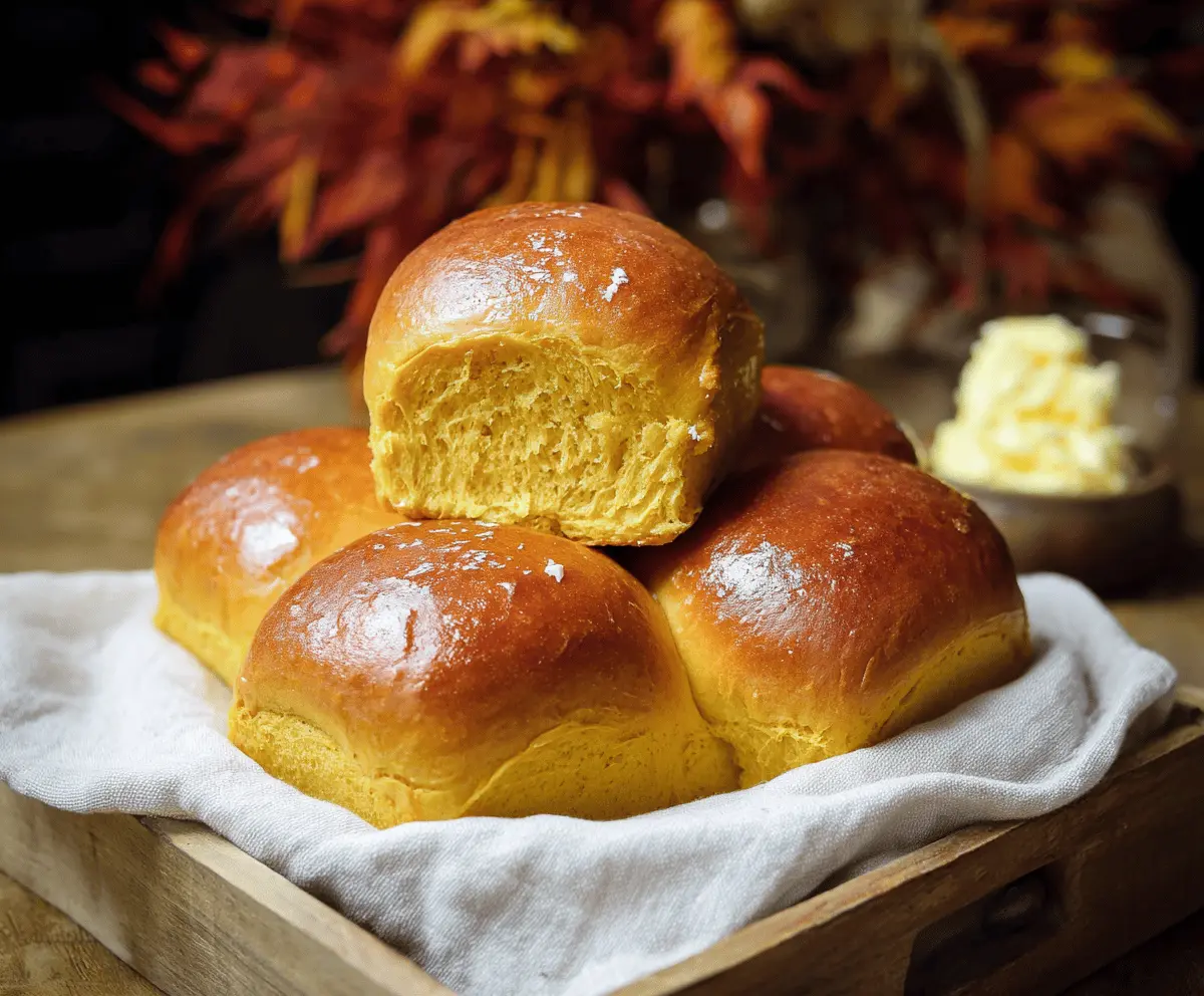 Delicious soft pumpkin rolls topped with spiced butter, perfect for fall desserts and cozy gatherings.