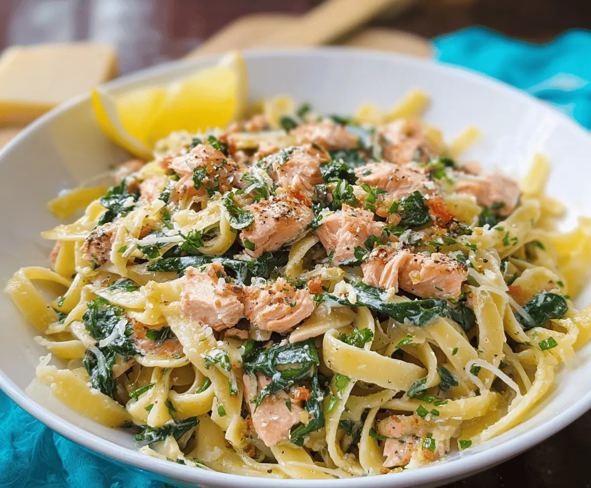 Creamy spinach and salmon pasta served on a white plate, featuring sautéed salmon fillets, fresh spinach, and al dente pasta topped with grated cheese for a delicious, healthy meal.