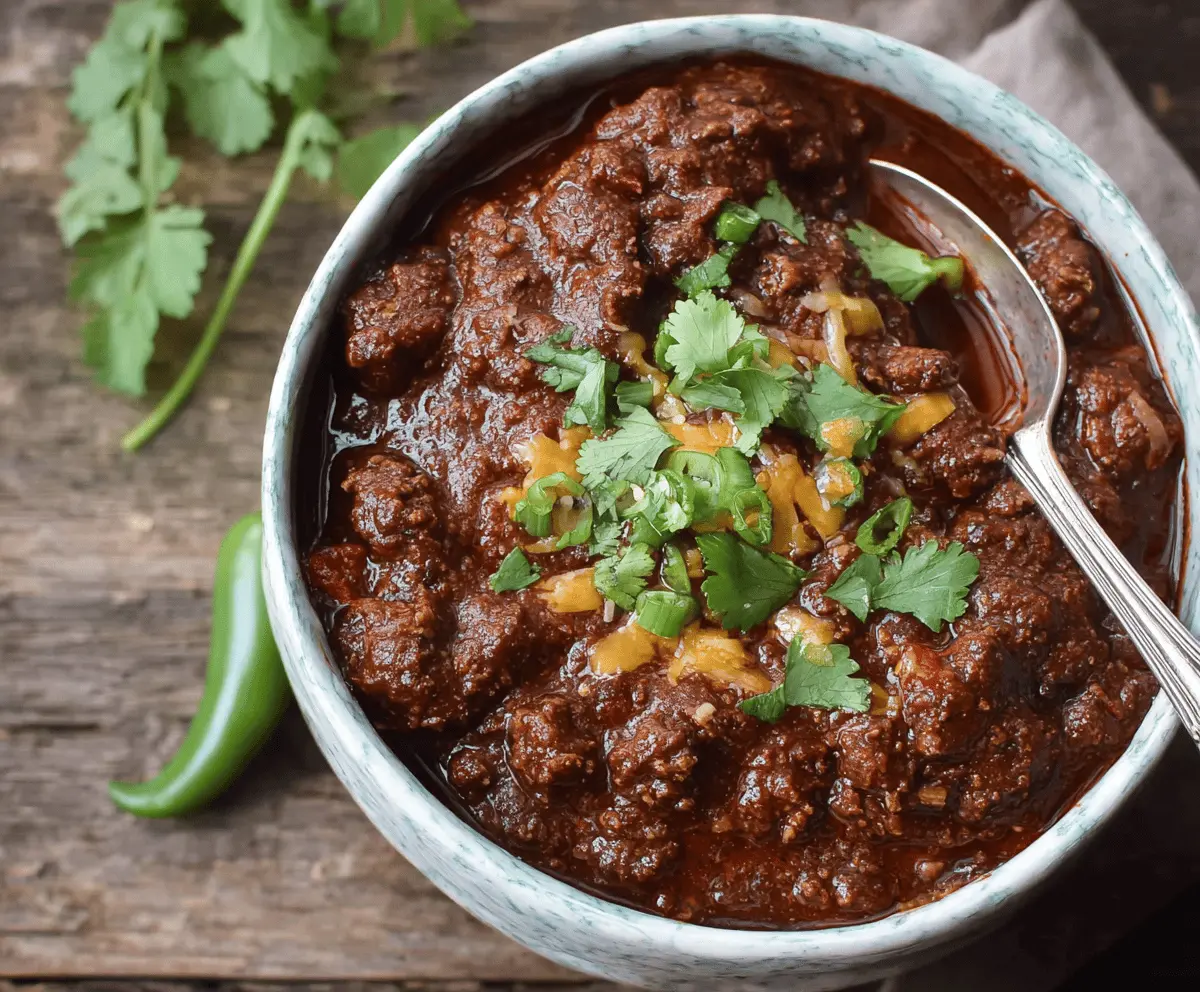 Spicy Texas Style No Bean Chili in a rustic bowl topped with shredded cheese and chopped onions, served with cornbread on the side
