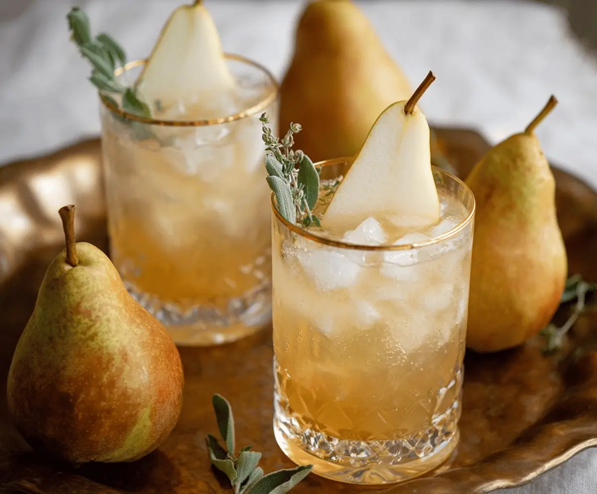 Refreshing Thanksgiving bourbon pear spritzers in elegant glasses with fresh pear slices and sprigs of thyme, perfect for holiday celebrations.