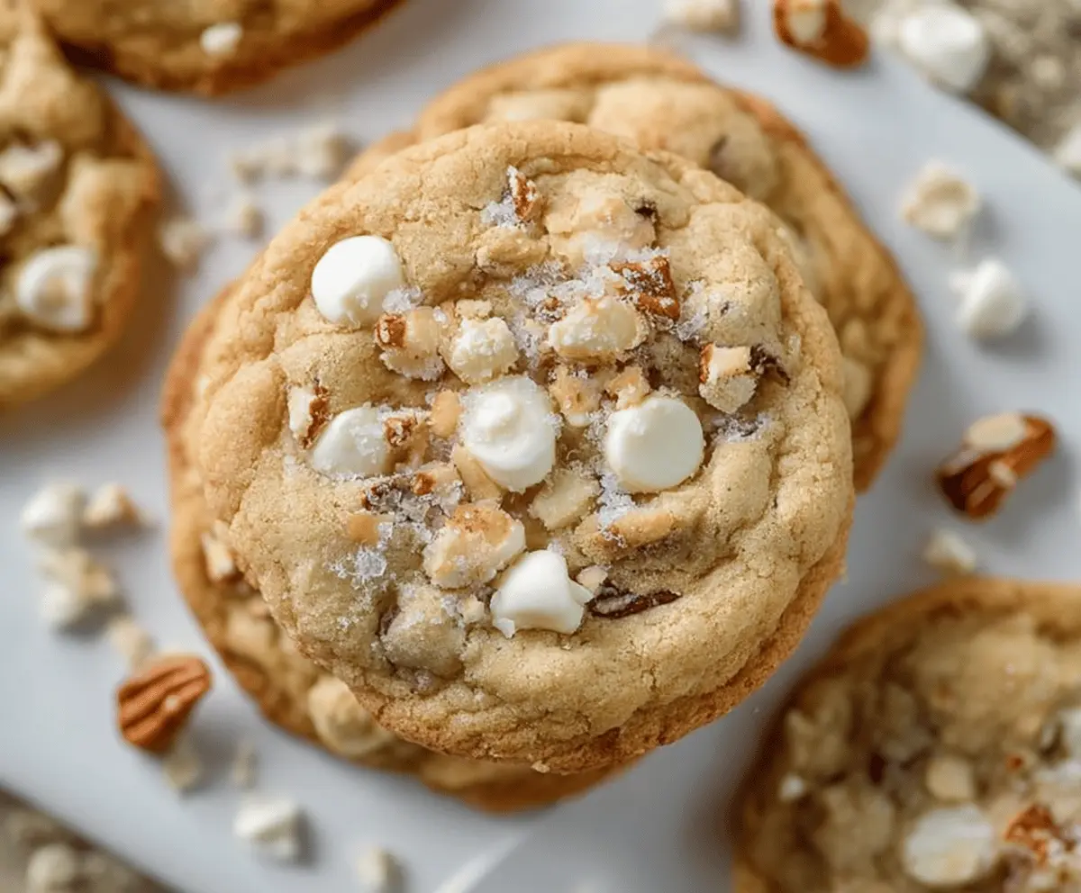 Delicious White Trash Cookies with pretzels, M&Ms, and white chocolate chunks on a white plate, perfect for sweet and salty snacking