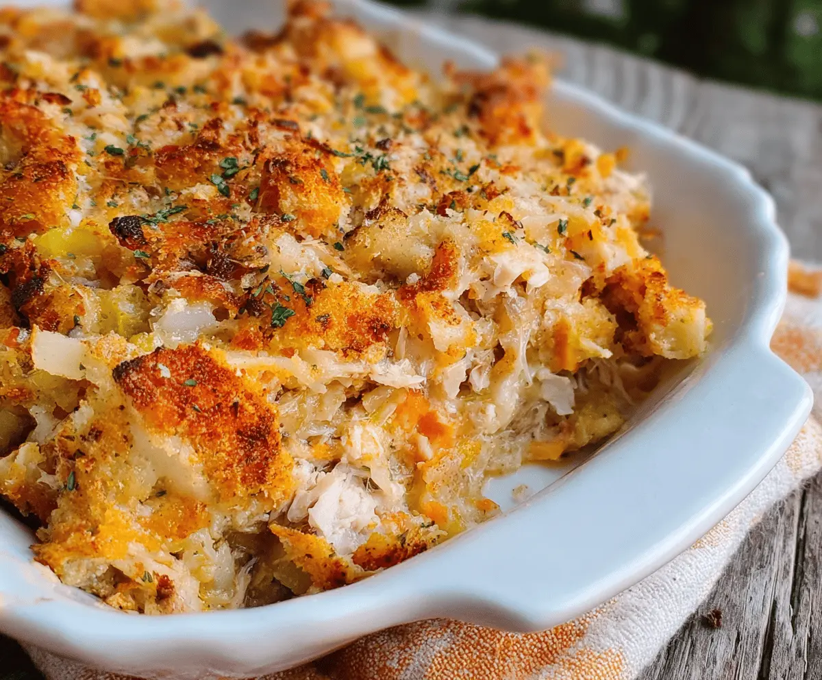 Delicious Amish Turkey Casserole with savory ingredients and melted cheese, served hot on a platter.