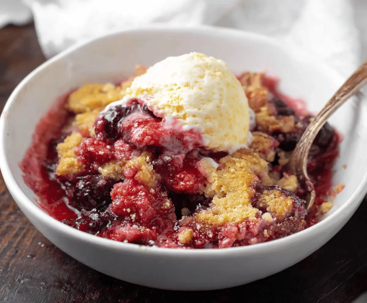 Delicious Berry Cake Mix Cobbler topped with fresh berries and golden crust