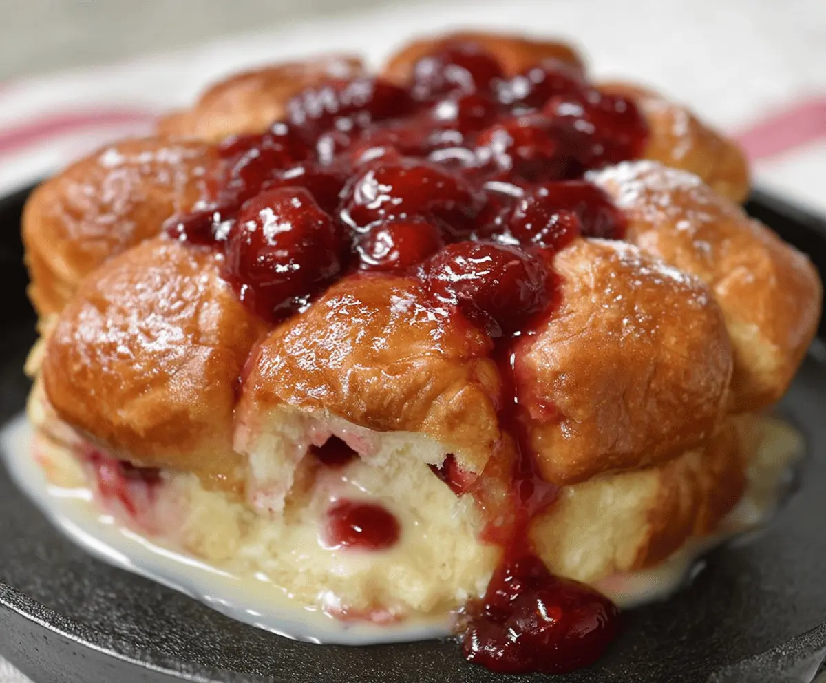 Delicious Cherry Cheesecake Monkey Bread topped with fresh cherries and creamy cheesecake filling.