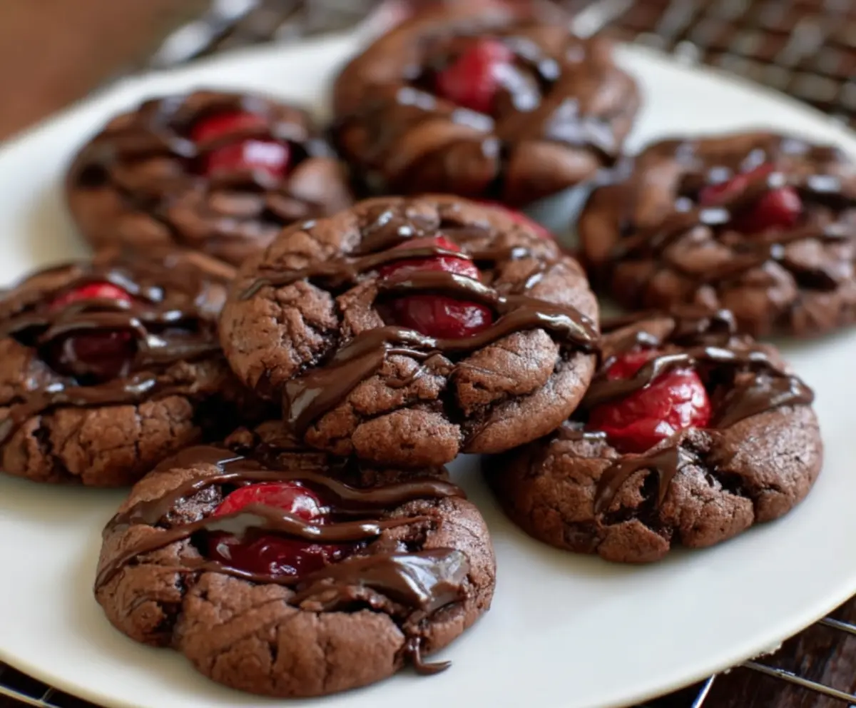 Delicious homemade chocolate cherry cookies with a rich, glossy appearance on a rustic wooden surface.
