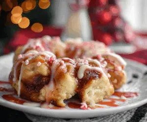 Delicious Christmas Monkey Bread topped with icing and colorful sprinkles, perfect for holiday breakfast.