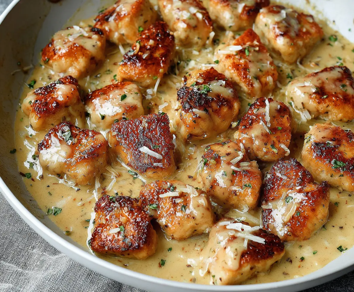 Delicious creamy garlic chicken bites served on a plate with fresh herbs.