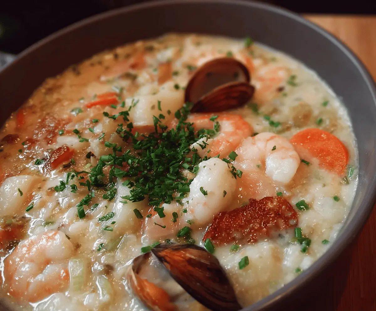 Delicious creamy seafood hot pot with fresh shrimp, scallops, and vegetables in a rich broth