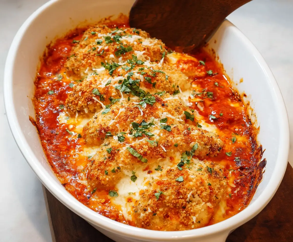 Delicious Crispy Chicken Parmesan Casserole topped with melted cheese and fresh herbs.