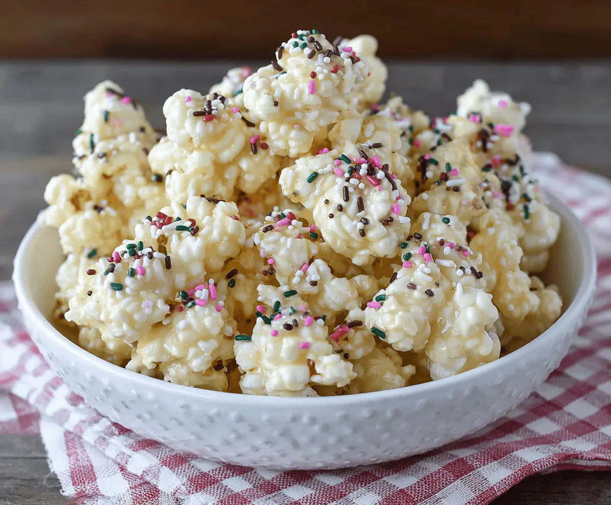 Delicious almond bark puffcorn crack recipe with crispy, golden popcorn coated in smooth almond bark.