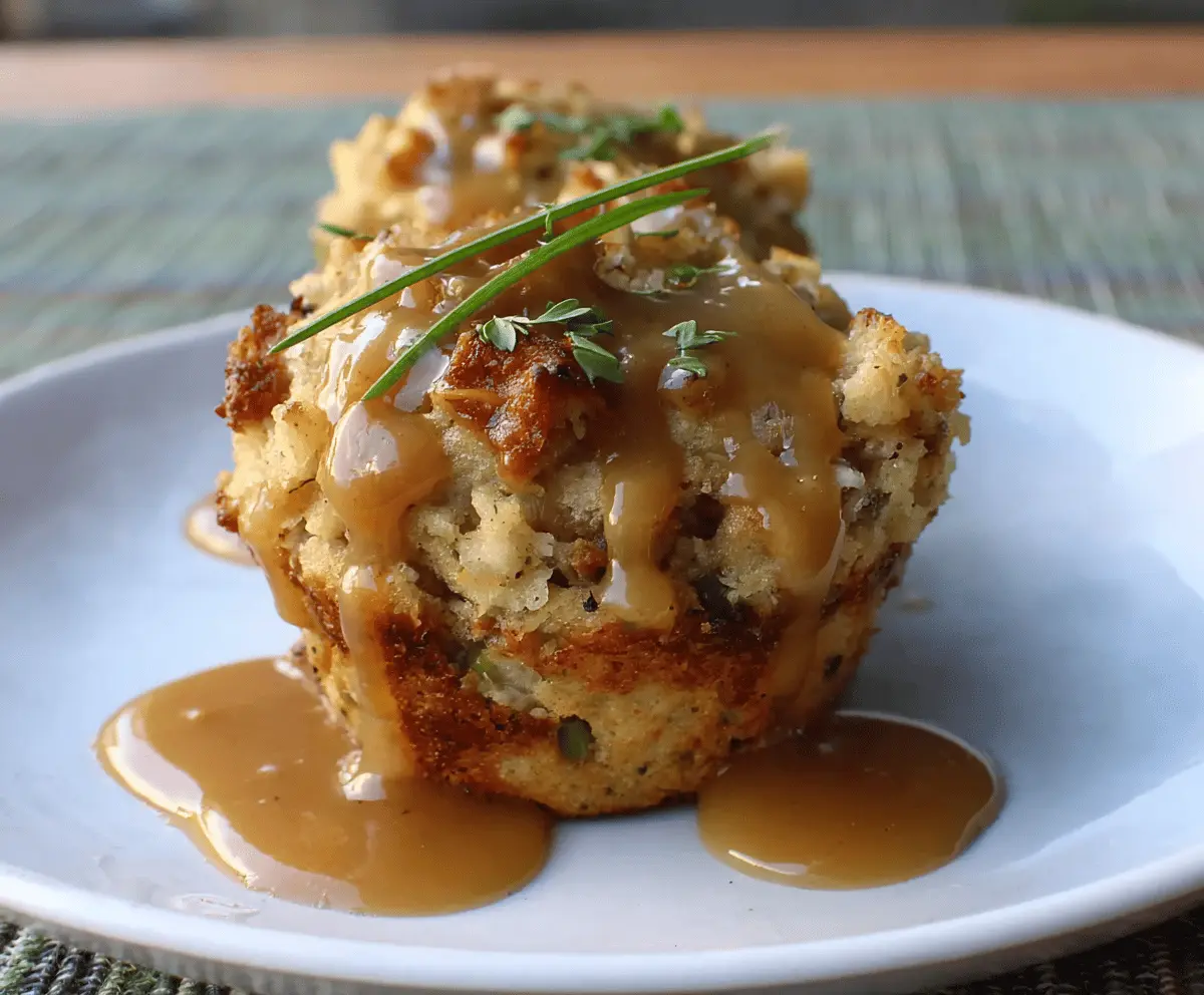 Delicious gravy-stuffed stuffing muffins with golden crust and savory filling perfect for holiday dinners.