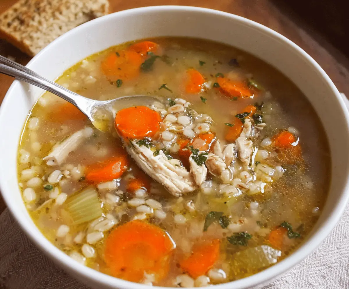 Hearty barley turkey soup in a bowl on a rustic wooden table, topped with fresh herbs.