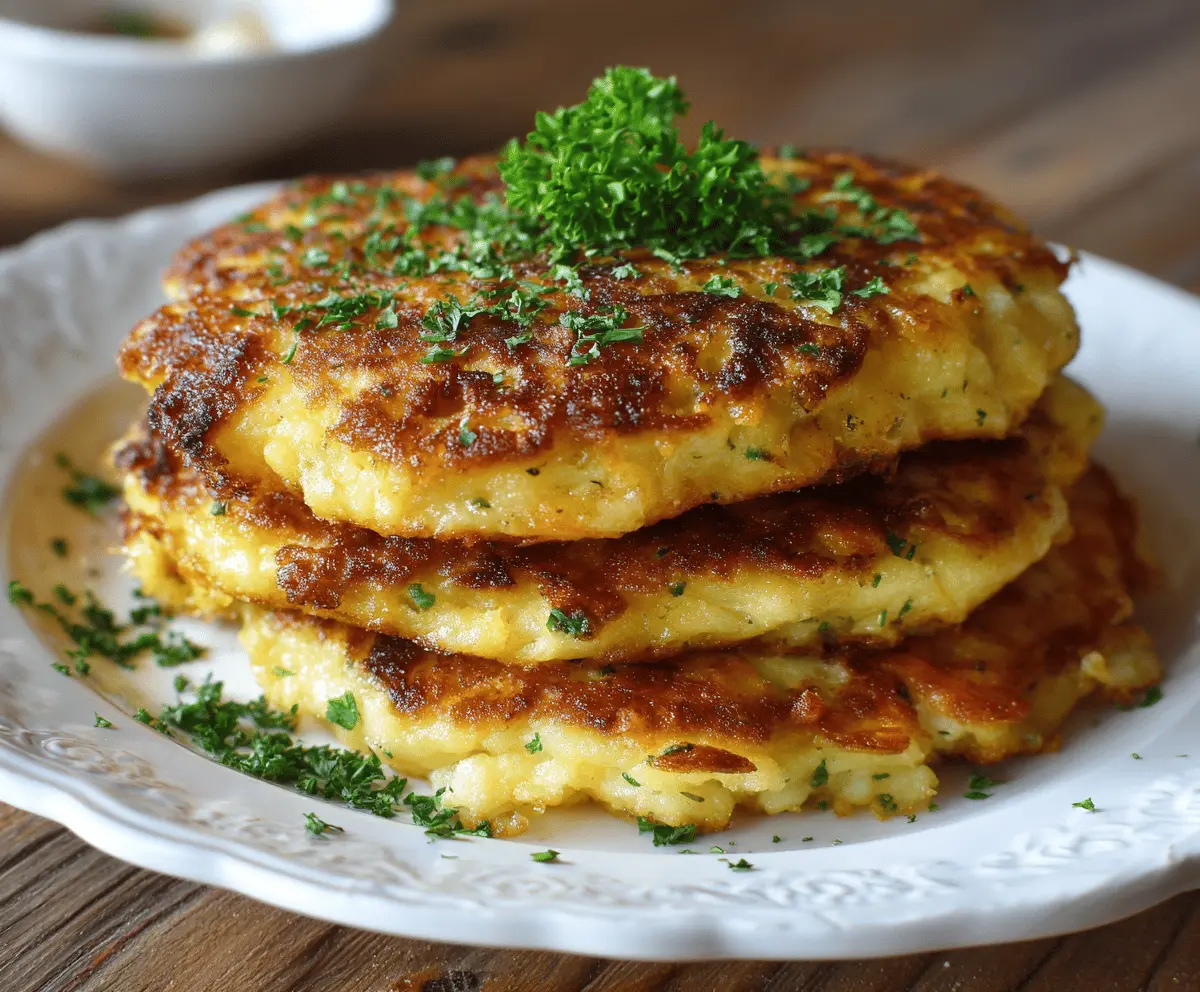 Golden crispy instant potato pancakes served with fresh herbs, perfect for breakfast or snack.