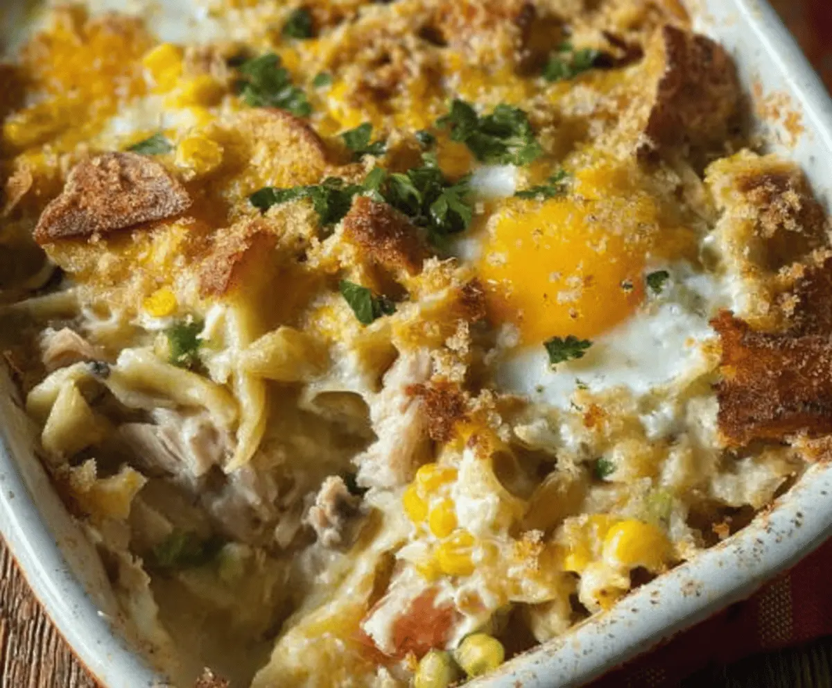 Leftover turkey casserole with egg in a baking dish, perfect for a hearty holiday meal.