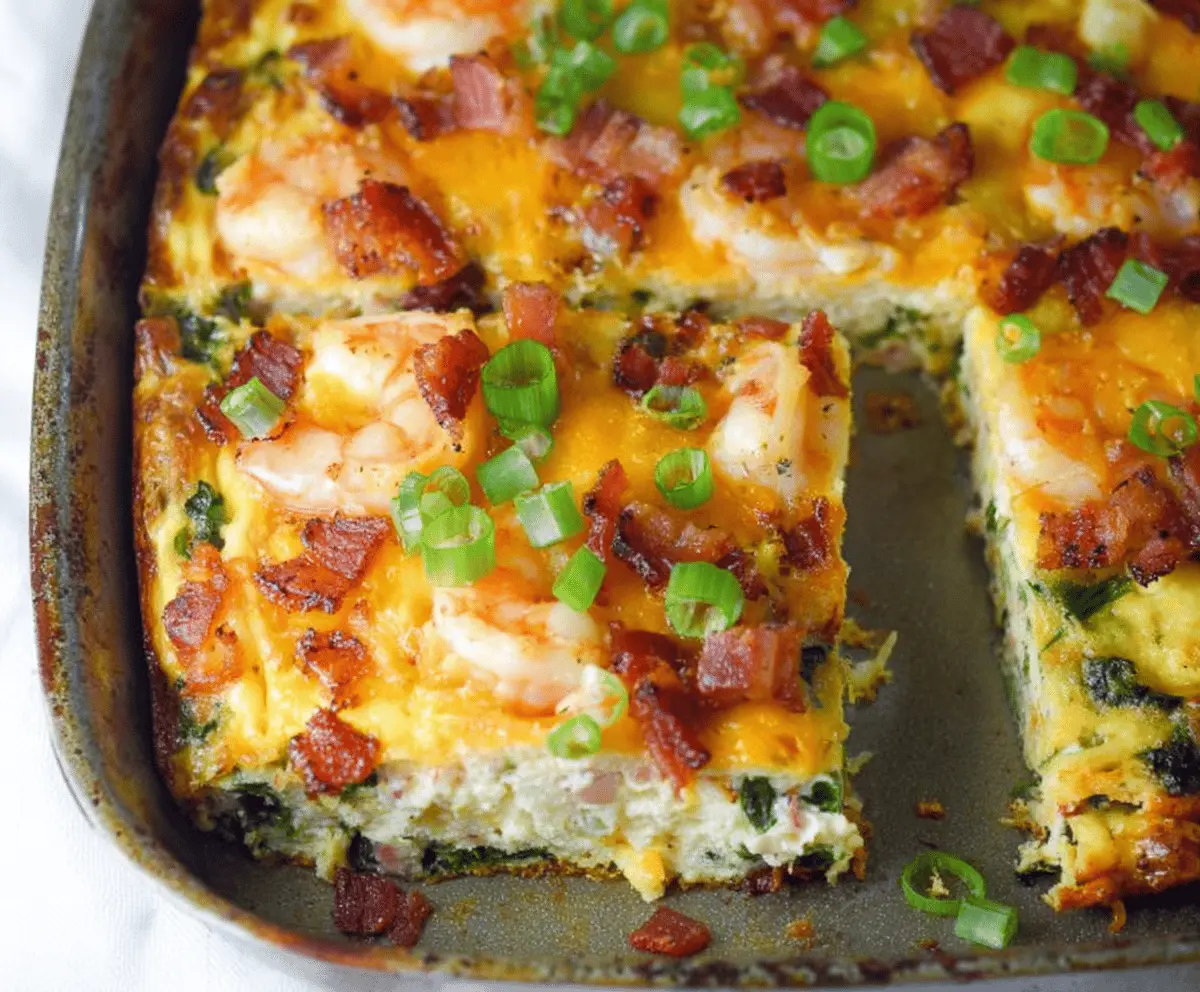 Delicious low carb shrimp, bacon, and spinach breakfast casserole, perfect for a healthy start to your day.