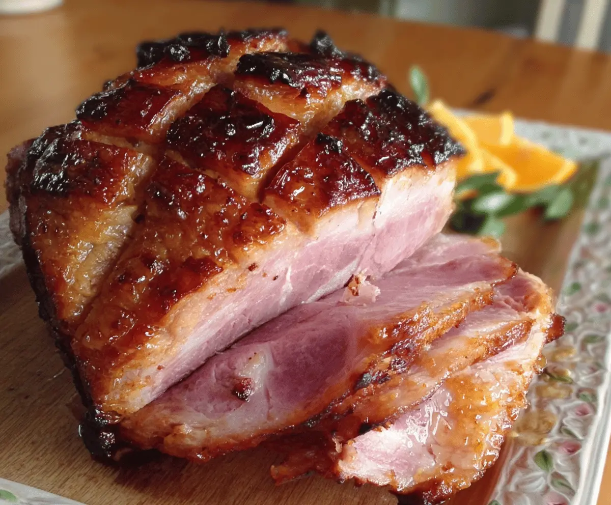 Delicious maple-glazed ham garnished with fresh herbs on a serving platter.