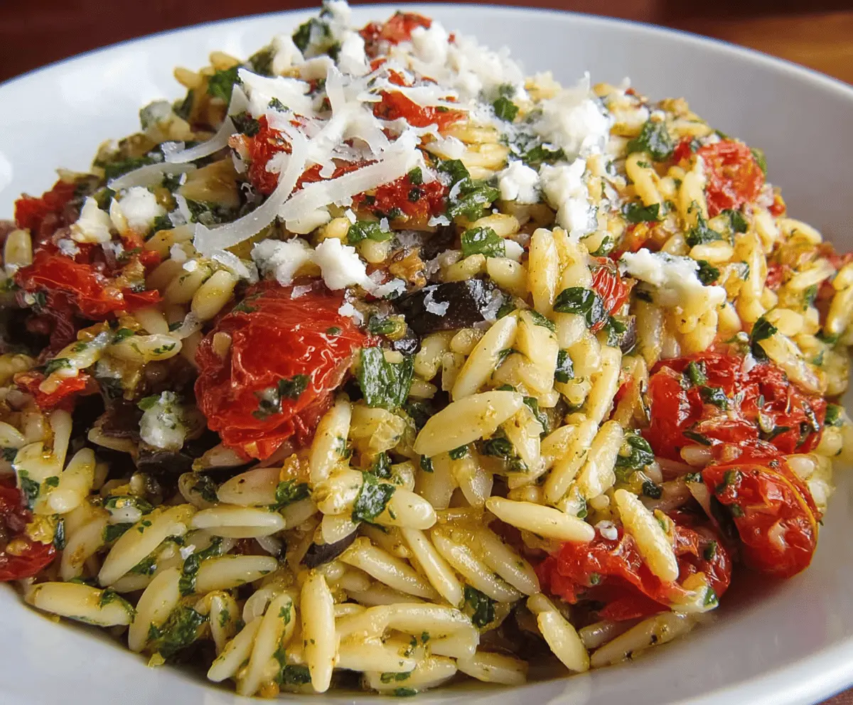 Delicious orzo pasta dish with fresh tomatoes, basil leaves, and crumbled Gorgonzola cheese on a plate.